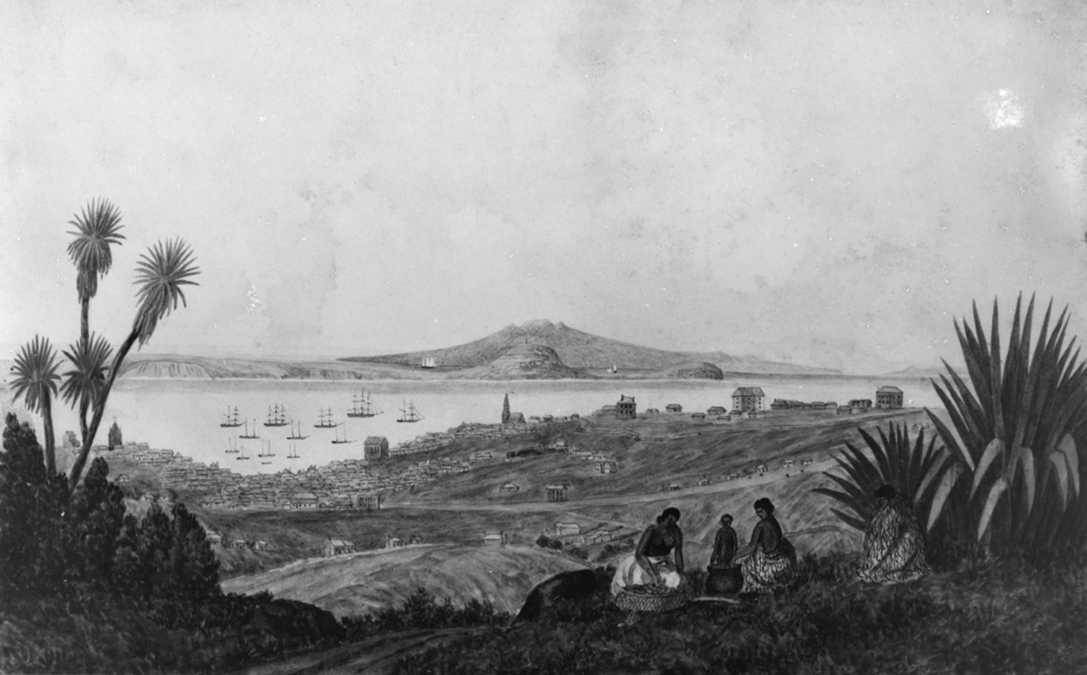 Looking North over Auckland city, 1840's.Sir George Grey Special Collections, Auckland Libraries.